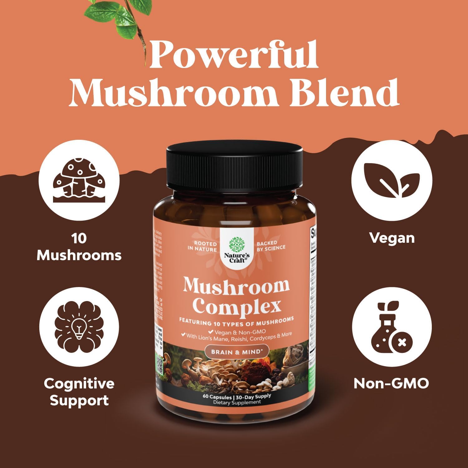 Natures Craft Mushroom Complex Capsules - 10X Lions Mane Supplement with Reishi, Chaga, Maitake & Shiitake - Brain Health, Memory, Focus - Nootropic for Mental Clarity - 60 Caps