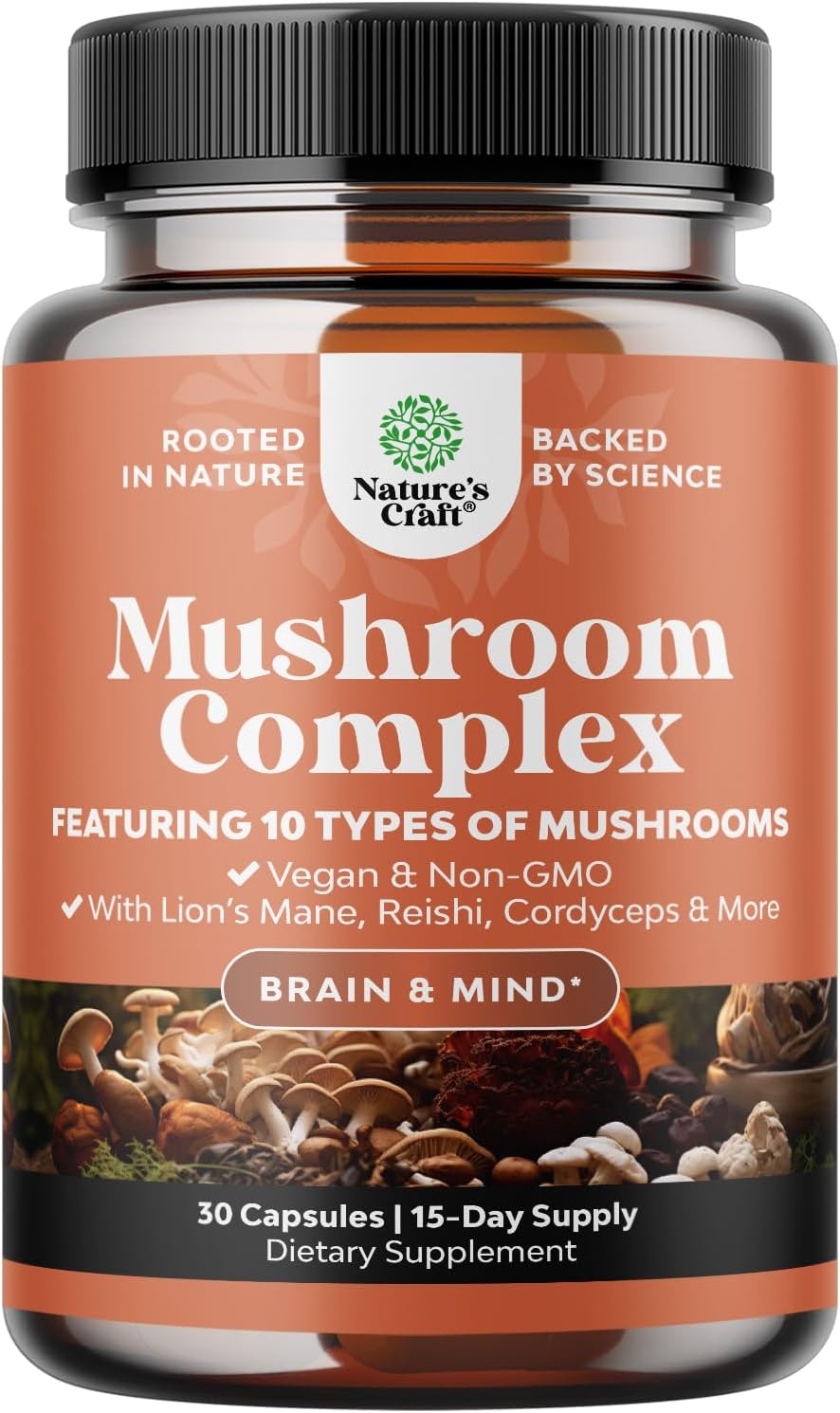Natures Craft Mushroom Complex Capsules - Lions Mane, Reishi, Chaga, Maitake & Shiitake Blend for Brain Health, Memory & Focus - Nootropic Supplement - 30 Capsules