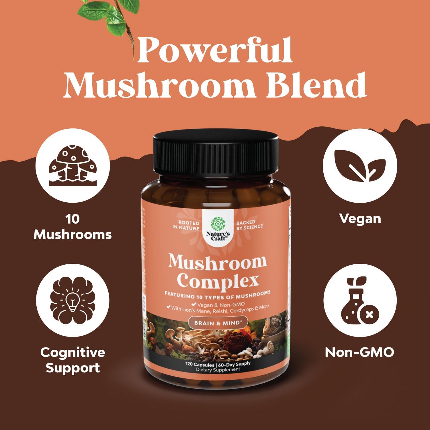 Natures Craft Mushroom Complex Capsules - Lions Mane, Reishi, Chaga, Maitake & Shiitake Blend for Brain Health, Memory & Focus - Nootropic Supplement - 30 Capsules