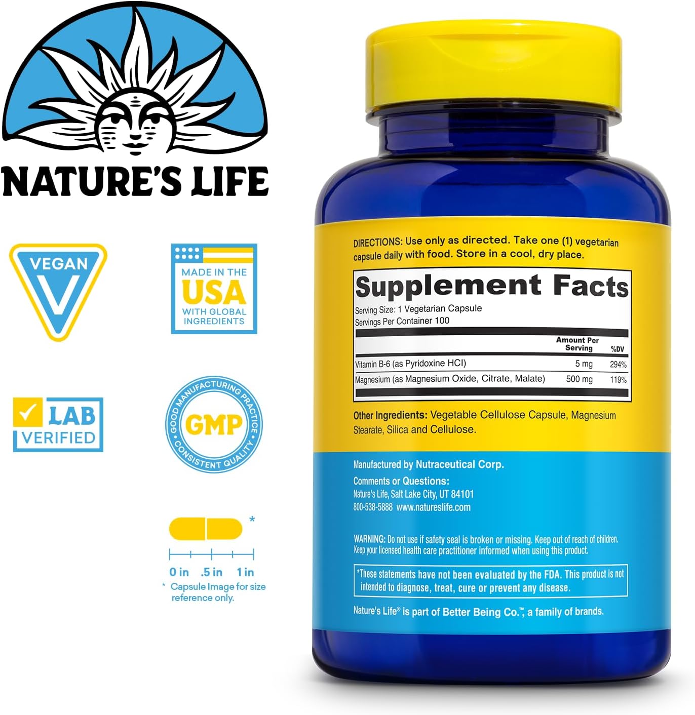 Nature's Life Renewing Magnesium 500 mg with Vitamin B-6 for Muscle and Nerve Support - Lab Verified - 100 Servings
