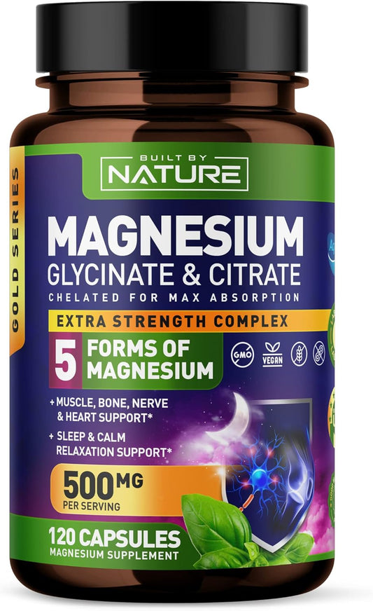 Nature's Magnesium Complex: 500mg - 5 Forms of Magnesium with 72 Trace Minerals - Chelated for Absorption - Supplement for Muscle, Nerve, Heart, Sleep - 120 Capsules