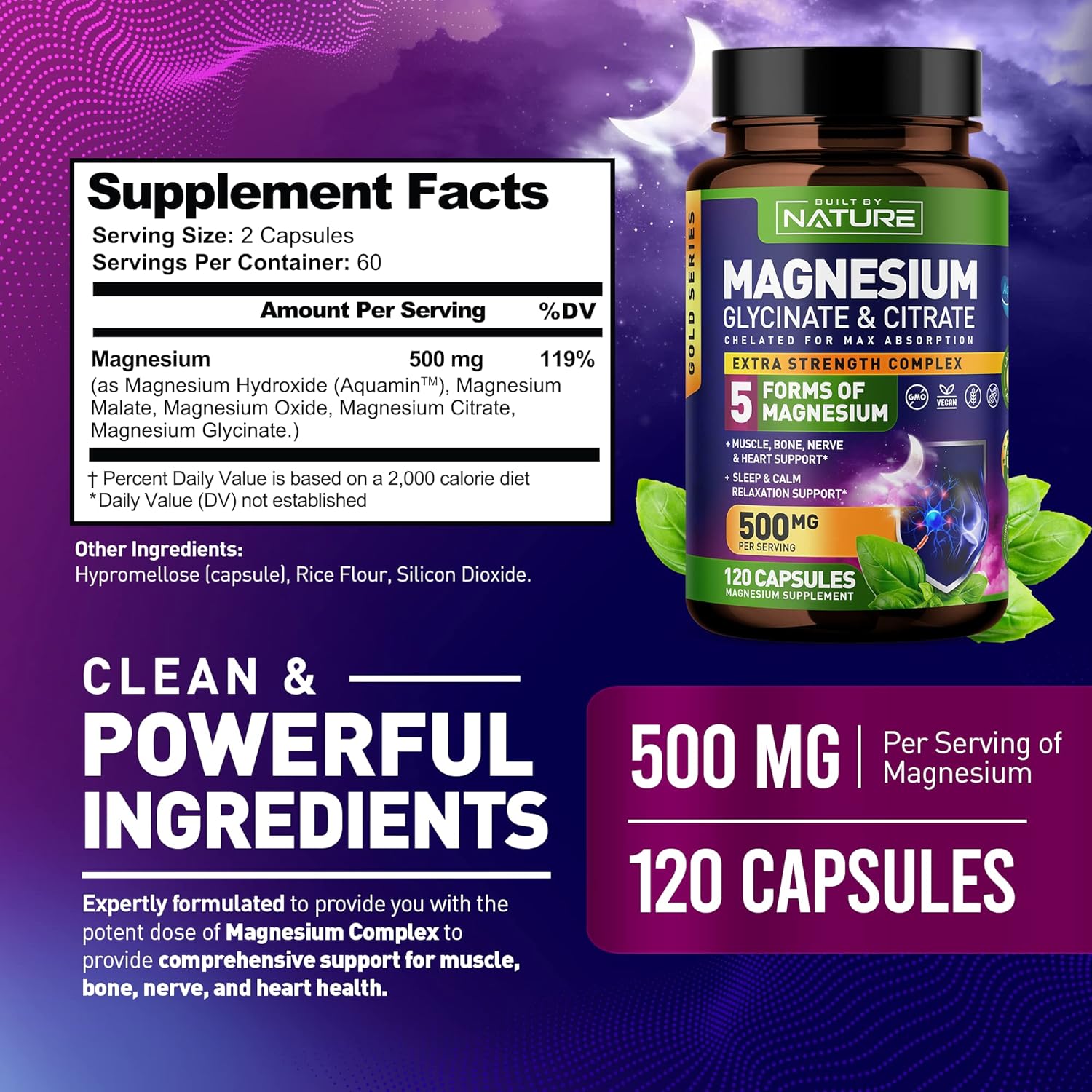 Nature's Magnesium Complex: 500mg - 5 Forms of Magnesium with 72 Trace Minerals - Chelated for Absorption - Supplement for Muscle, Nerve, Heart, Sleep - 120 Capsules