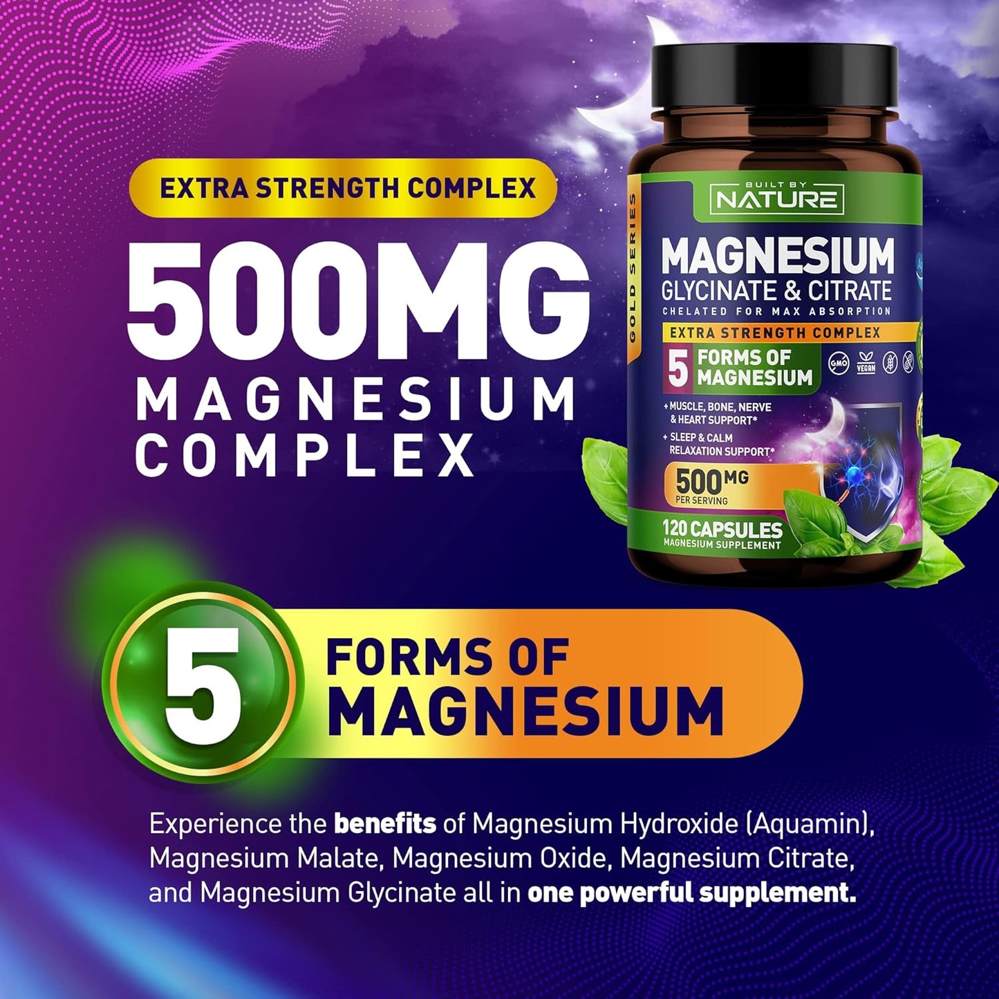 Nature's Magnesium Complex: 500mg - 5 Forms of Magnesium with 72 Trace Minerals - Chelated for Absorption - Supplement for Muscle, Nerve, Heart, Sleep - 120 Capsules
