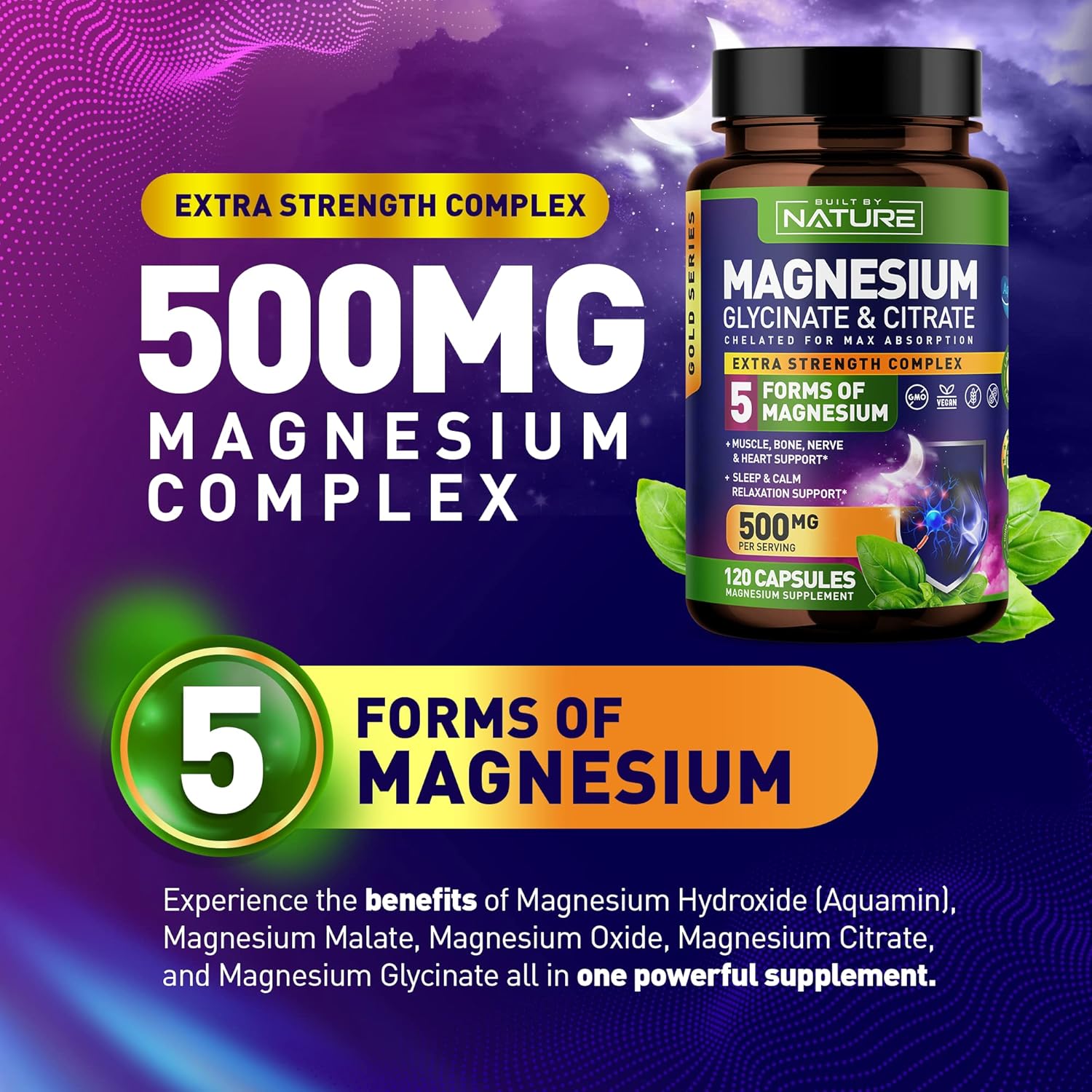 Nature's Magnesium Complex: 500mg - 5 Forms of Magnesium with 72 Trace Minerals - Chelated for Absorption - Supplement for Muscle, Nerve, Heart, Sleep - 120 Capsules