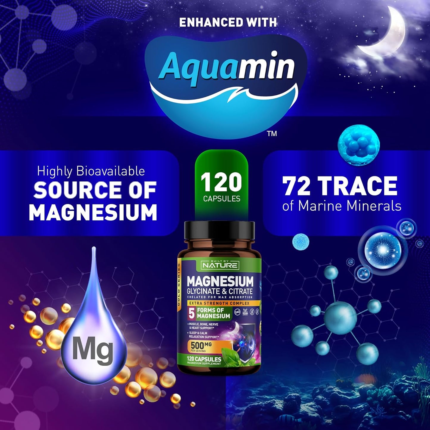 Nature's Magnesium Complex: 500mg - 5 Forms of Magnesium with 72 Trace Minerals - Chelated for Absorption - Supplement for Muscle, Nerve, Heart, Sleep - 120 Capsules