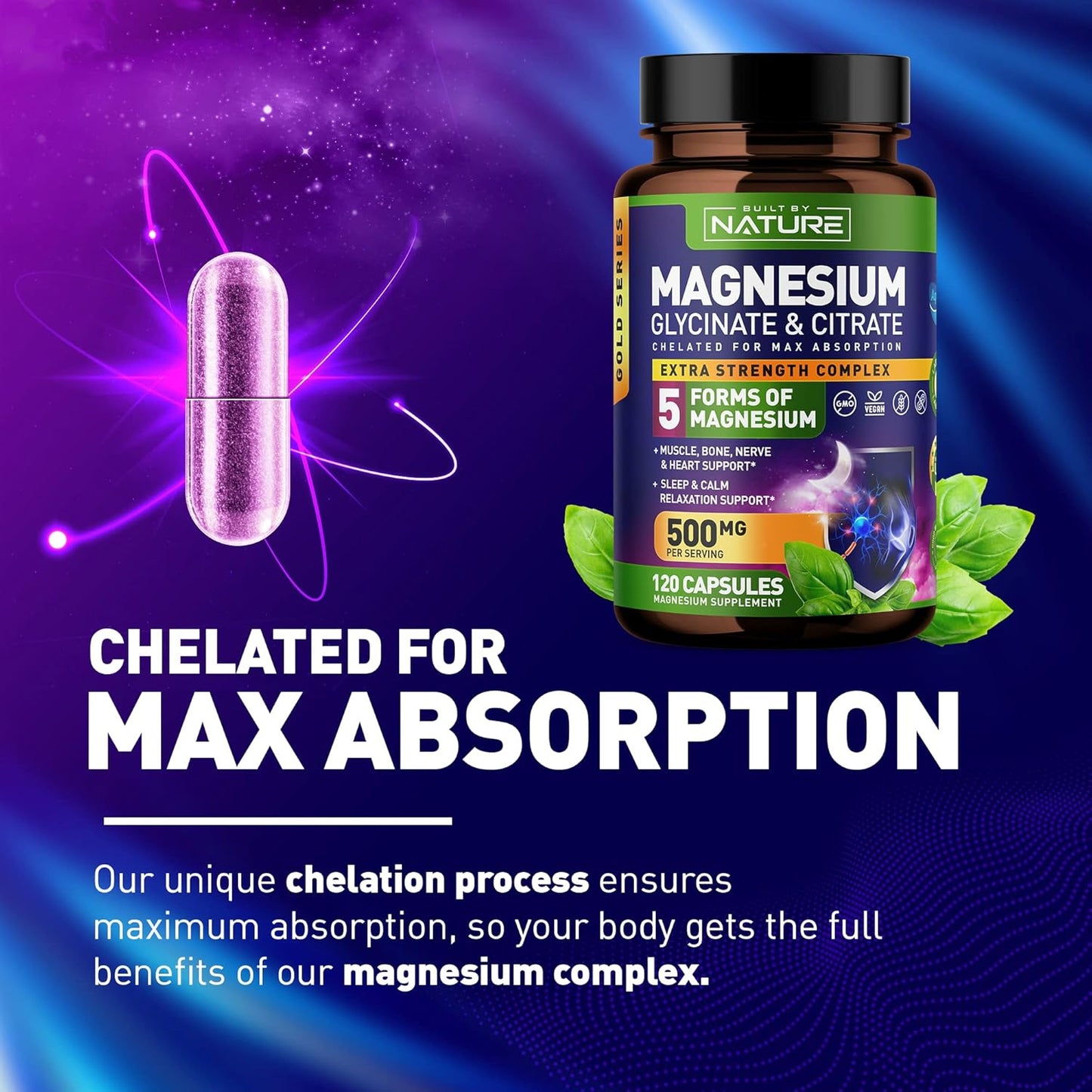 Nature's Magnesium Complex: 500mg - 5 Forms of Magnesium with 72 Trace Minerals - Chelated for Absorption - Supplement for Muscle, Nerve, Heart, Sleep - 120 Capsules