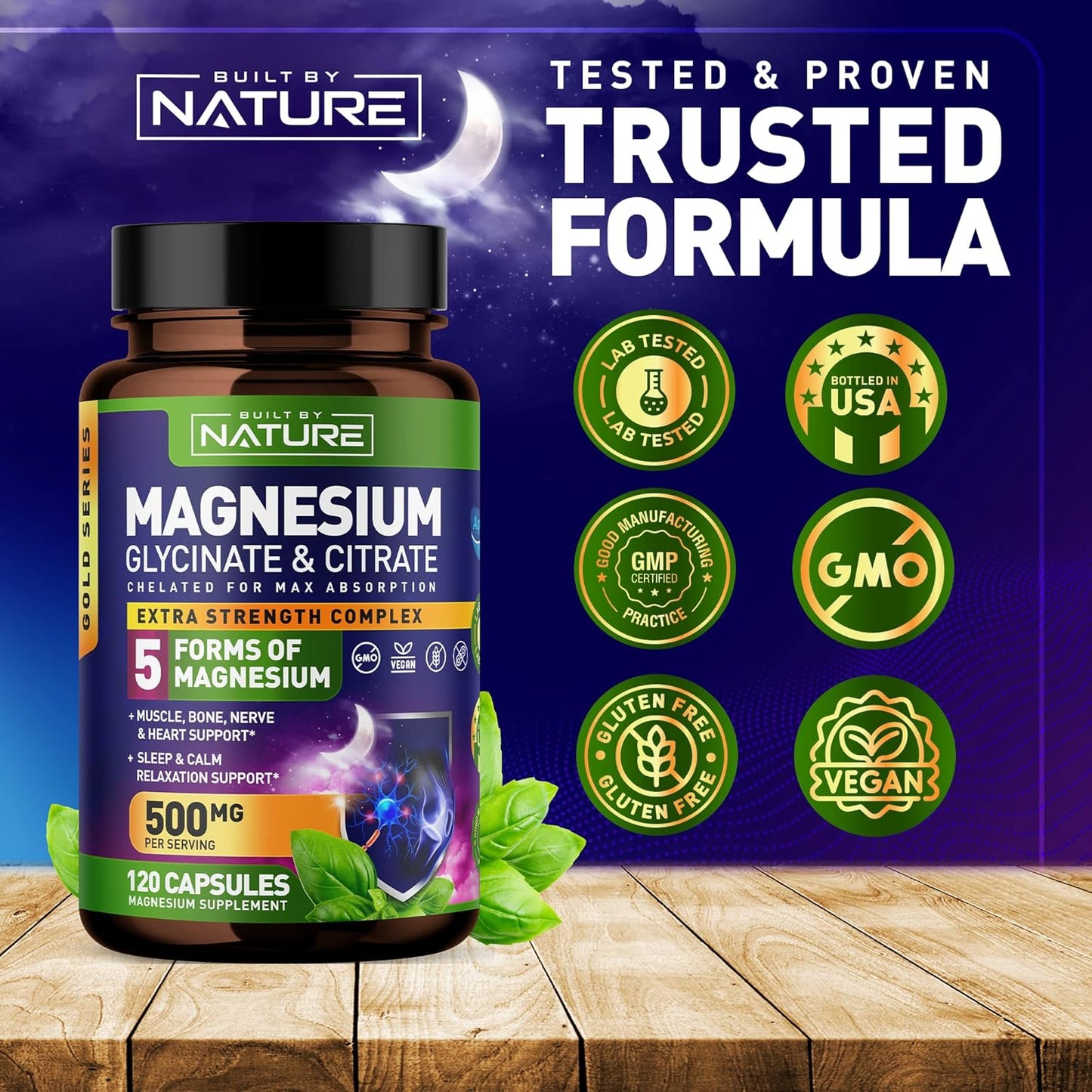 Nature's Magnesium Complex: 500mg - 5 Forms of Magnesium with 72 Trace Minerals - Chelated for Absorption - Supplement for Muscle, Nerve, Heart, Sleep - 120 Capsules