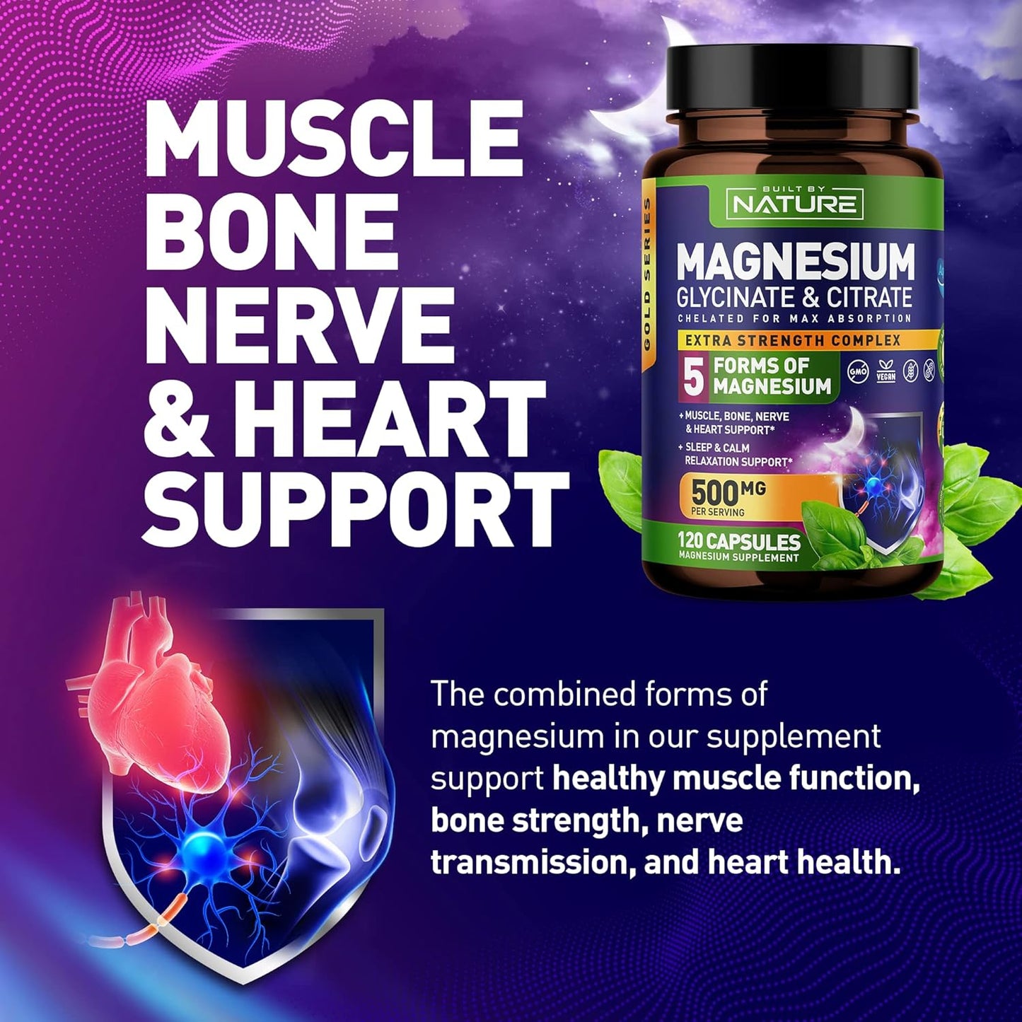 Nature's Magnesium Complex: 500mg - 5 Forms of Magnesium with 72 Trace Minerals - Chelated for Absorption - Supplement for Muscle, Nerve, Heart, Sleep - 120 Capsules