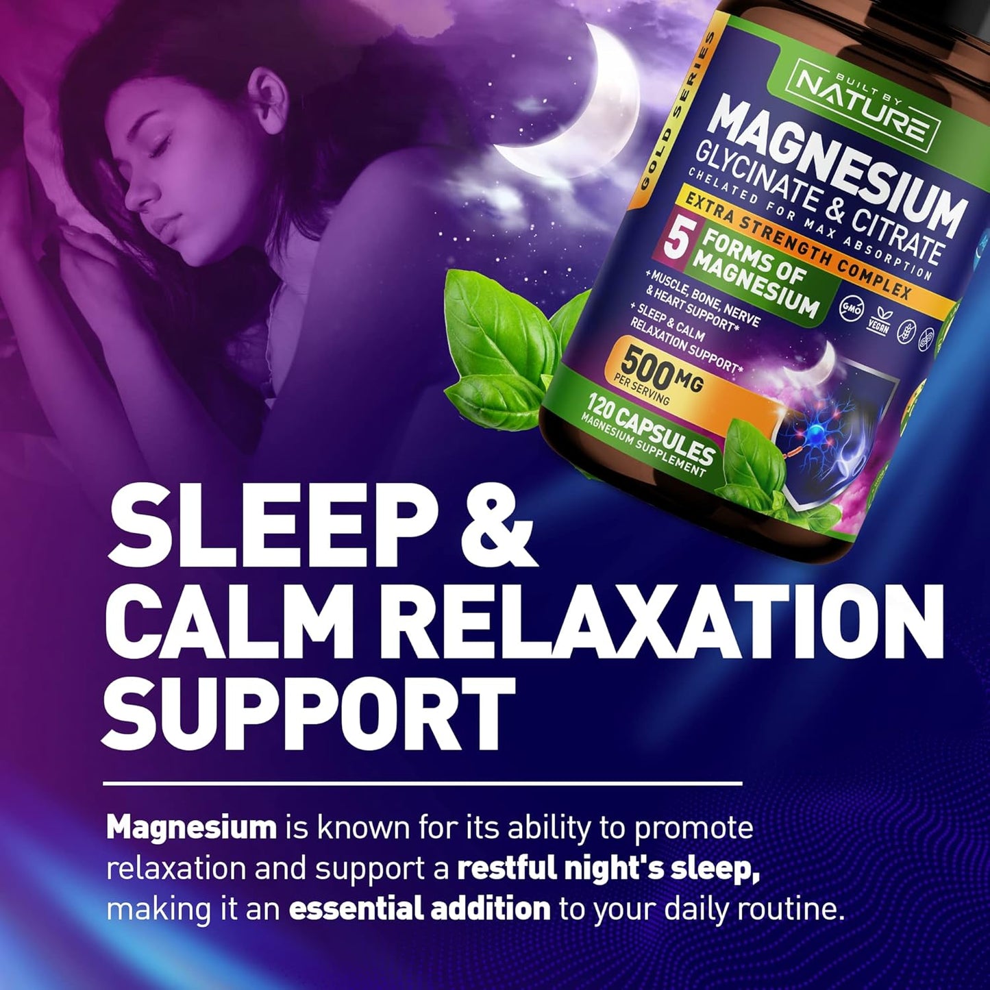 Nature's Magnesium Complex: 500mg - 5 Forms of Magnesium with 72 Trace Minerals - Chelated for Absorption - Supplement for Muscle, Nerve, Heart, Sleep - 120 Capsules
