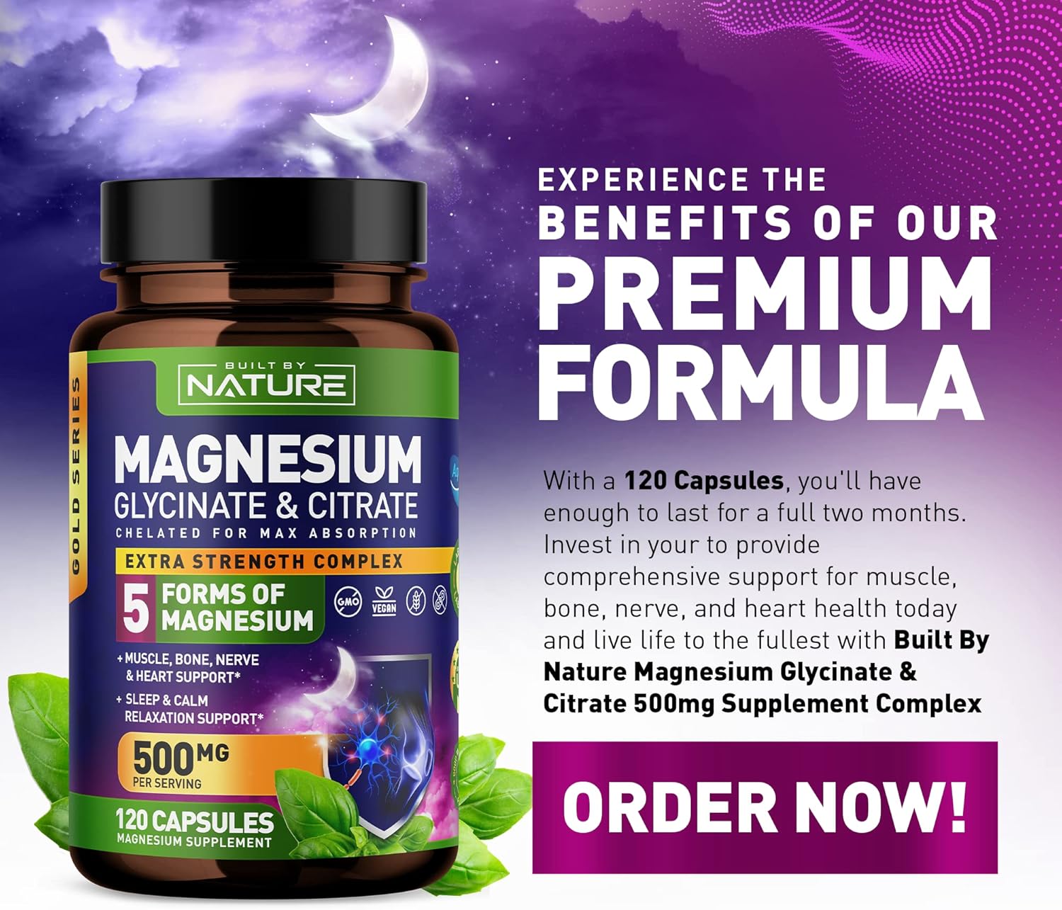 Nature's Magnesium Complex: 500mg - 5 Forms of Magnesium with 72 Trace Minerals - Chelated for Absorption - Supplement for Muscle, Nerve, Heart, Sleep - 120 Capsules
