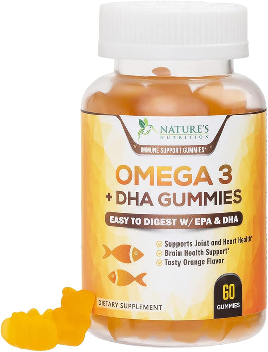 Nature's Nutrition Omega 3 Fish Oil Gummies - Heart & Brain Support - High Absorption DHA & EPA - 60 Orange Flavor Gummies