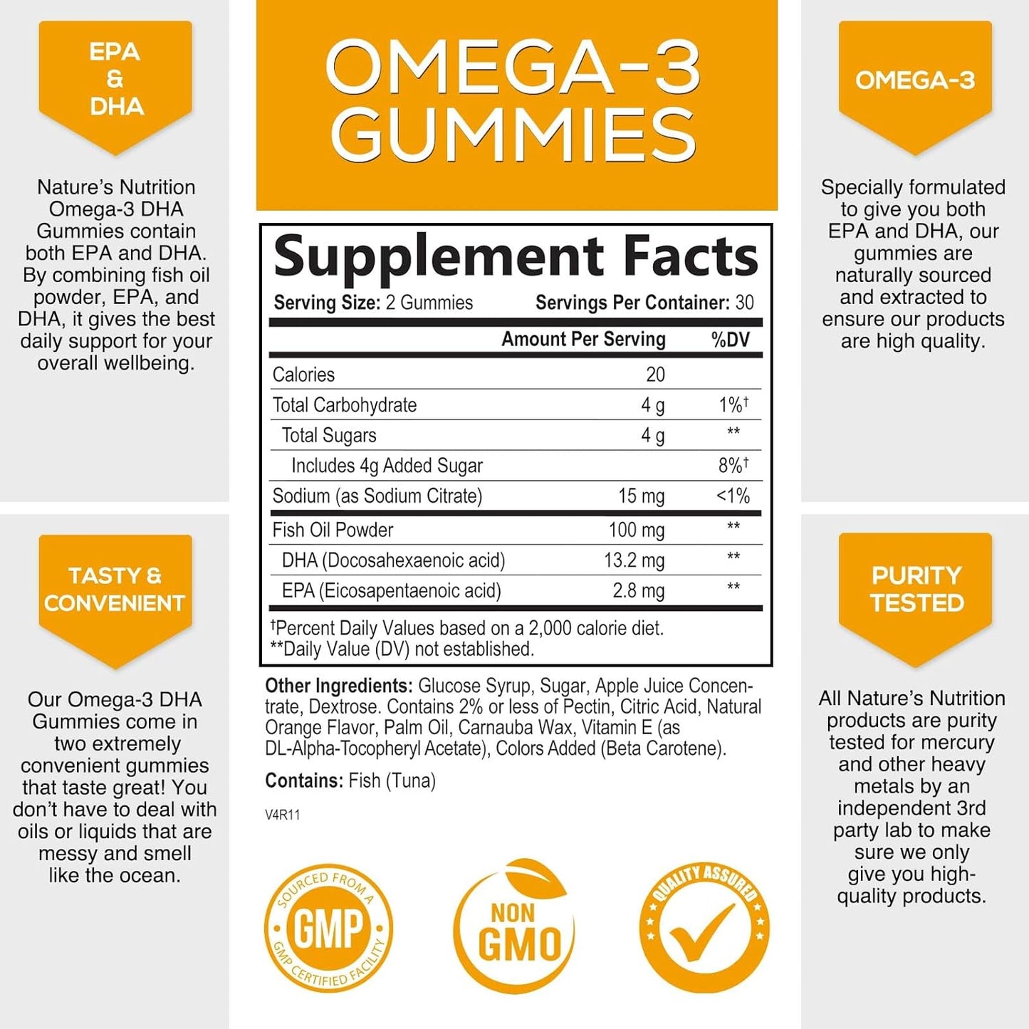 Nature's Nutrition Omega 3 Fish Oil Gummies - Heart & Brain Support - High Absorption DHA & EPA - 60 Orange Flavor Gummies