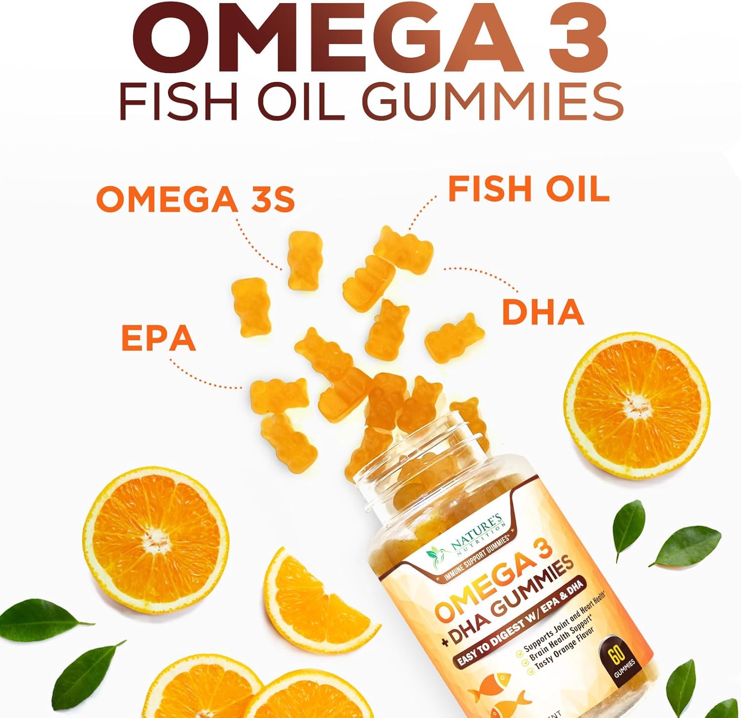 Nature's Nutrition Omega 3 Fish Oil Gummies - Heart & Brain Support - High Absorption DHA & EPA - 60 Orange Flavor Gummies