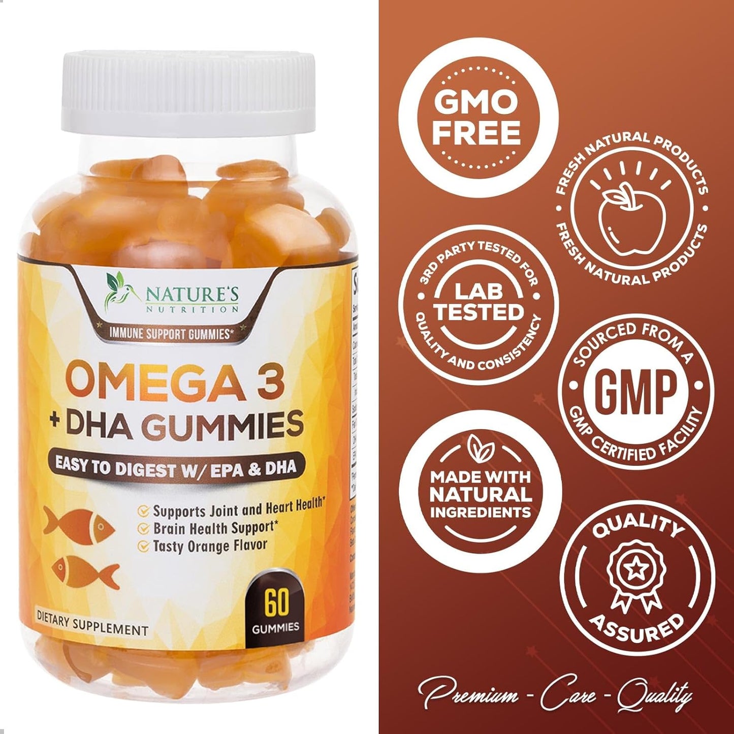 Nature's Nutrition Omega 3 Fish Oil Gummies - Heart & Brain Support - High Absorption DHA & EPA - 60 Orange Flavor Gummies
