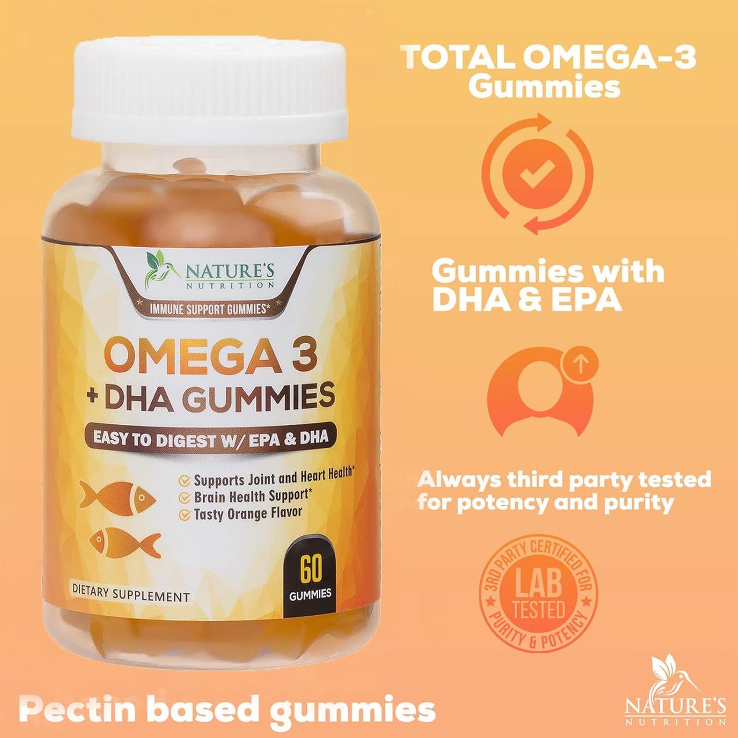 Nature's Nutrition Omega 3 Fish Oil Gummies - Heart & Brain Support - High Absorption DHA & EPA - 60 Orange Flavor Gummies