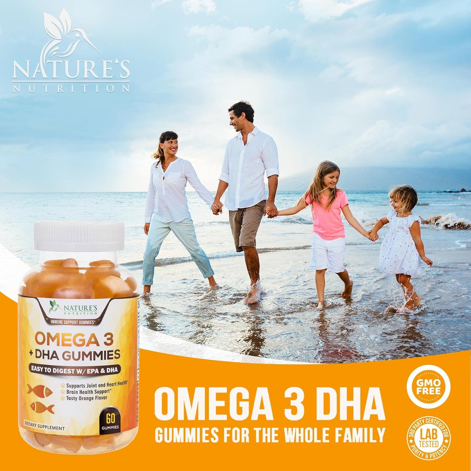 Nature's Nutrition Omega 3 Fish Oil Gummies - Heart & Brain Support - High Absorption DHA & EPA - 60 Orange Flavor Gummies