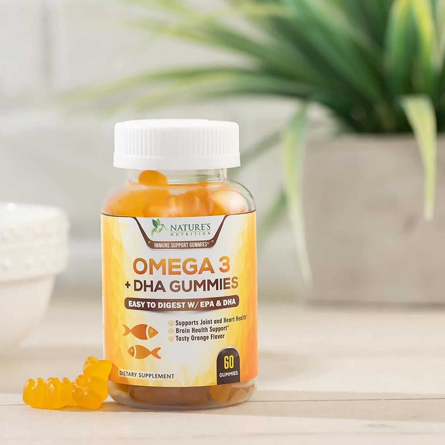Nature's Nutrition Omega 3 Fish Oil Gummies - Heart & Brain Support - High Absorption DHA & EPA - 60 Orange Flavor Gummies