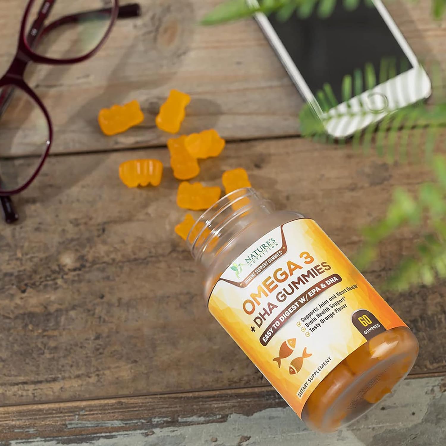 Nature's Nutrition Omega 3 Fish Oil Gummies - Heart & Brain Support - High Absorption DHA & EPA - 60 Orange Flavor Gummies