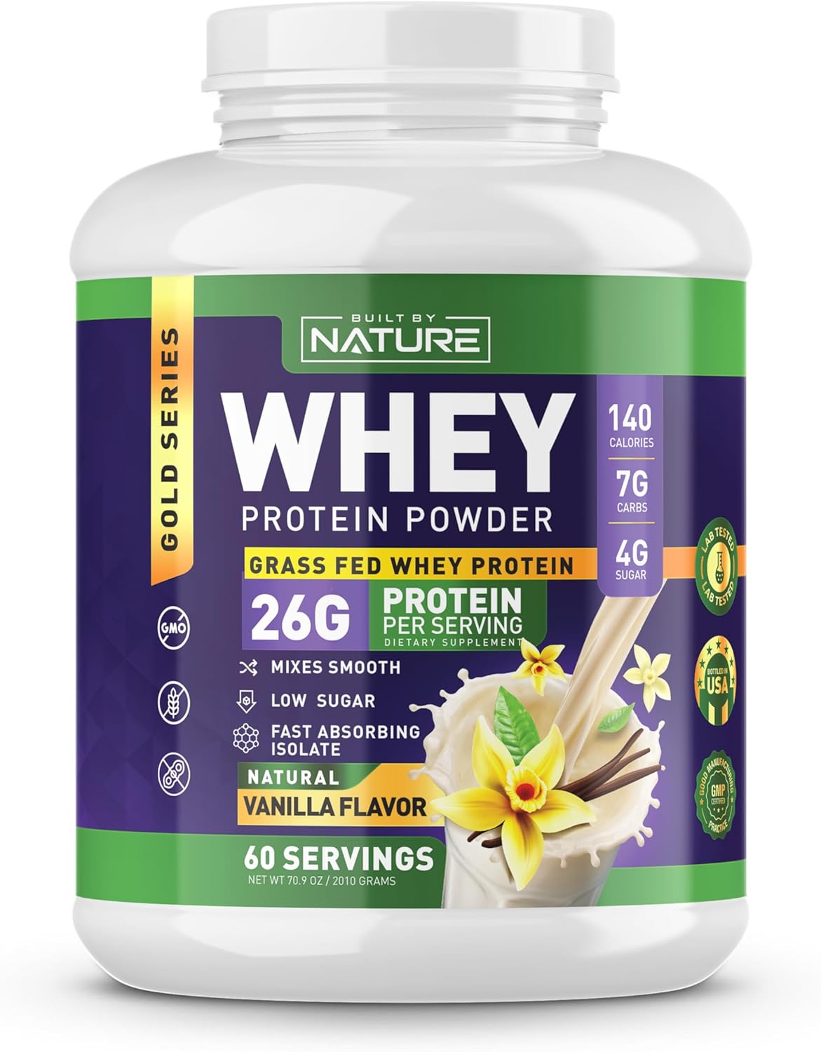 Nature's Own Whey Protein Powder - Pure Whey Shake with Whey Isolate, 26g Protein, Smooth Mixing, No Clumps - High Protein, Low Sugar Drink - Vanilla Flavor - 60 Servings
