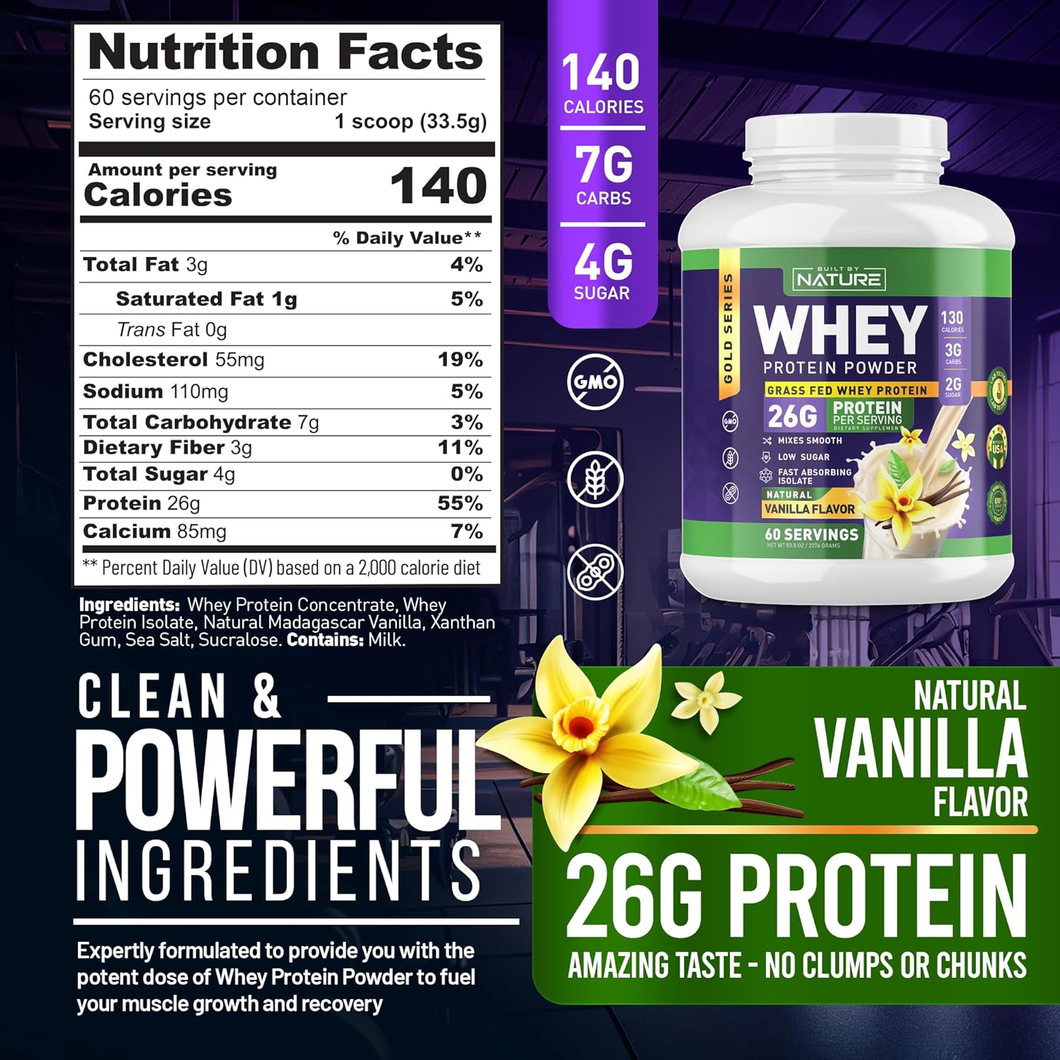 Nature's Own Whey Protein Powder - Pure Whey Shake with Whey Isolate, 26g Protein, Smooth Mixing, No Clumps - High Protein, Low Sugar Drink - Vanilla Flavor - 60 Servings