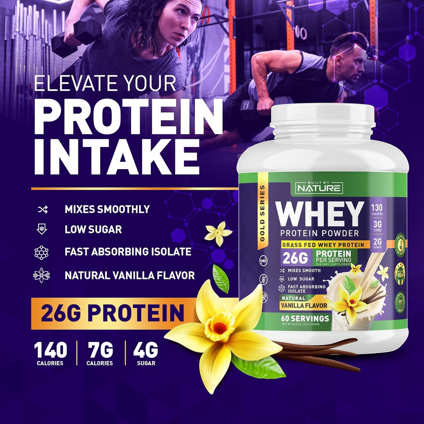 Nature's Own Whey Protein Powder - Pure Whey Shake with Whey Isolate, 26g Protein, Smooth Mixing, No Clumps - High Protein, Low Sugar Drink - Vanilla Flavor - 60 Servings