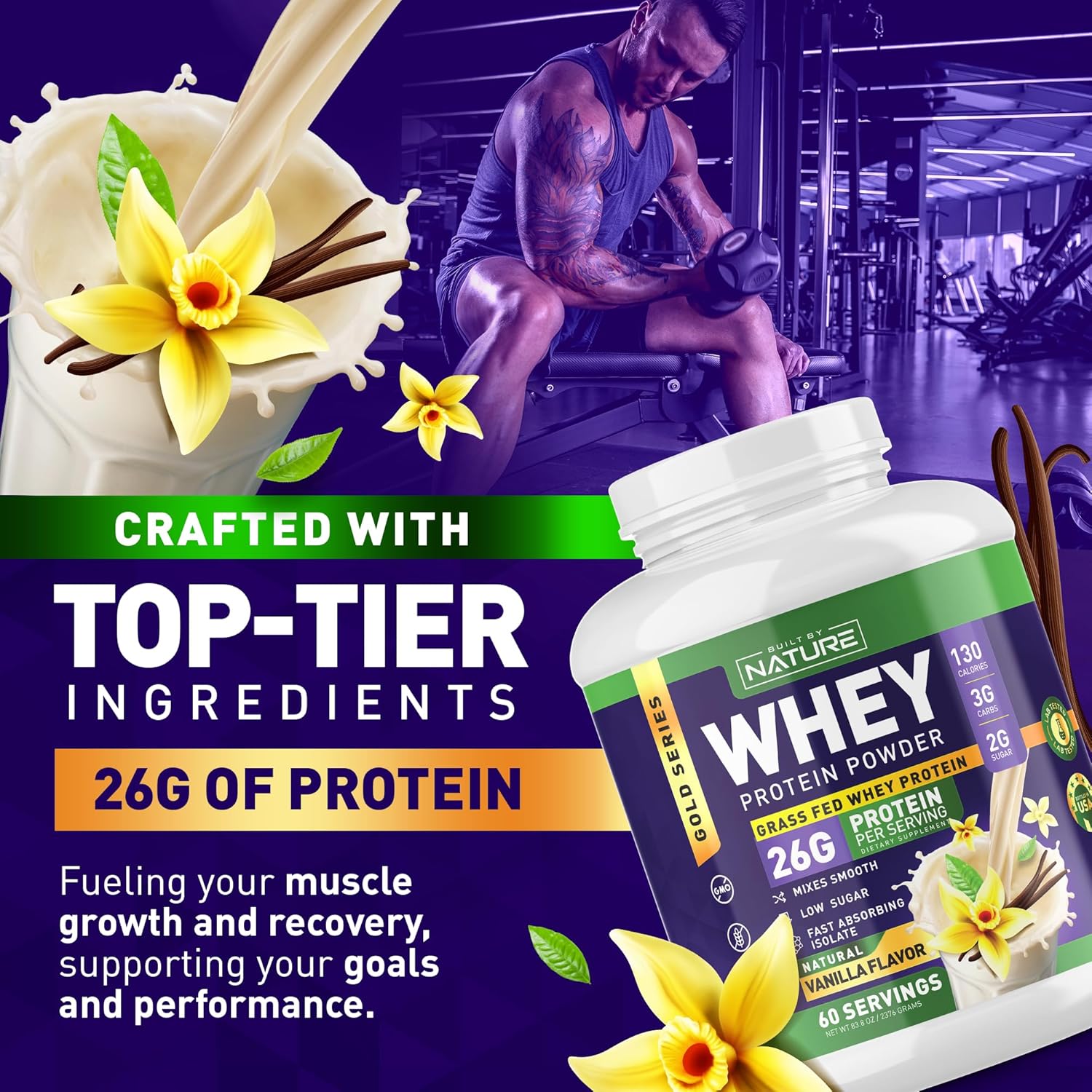 Nature's Own Whey Protein Powder - Pure Whey Shake with Whey Isolate, 26g Protein, Smooth Mixing, No Clumps - High Protein, Low Sugar Drink - Vanilla Flavor - 60 Servings