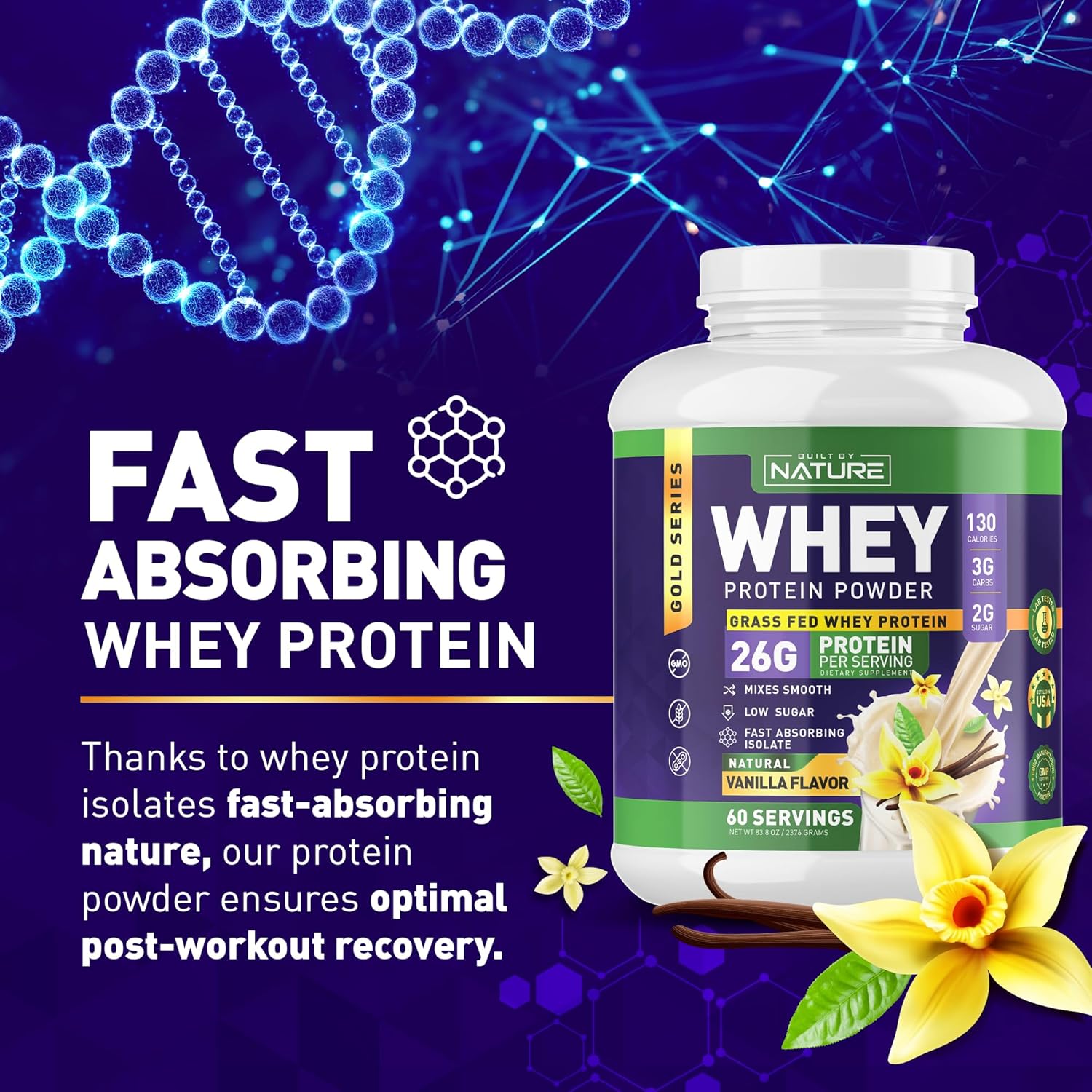 Nature's Own Whey Protein Powder - Pure Whey Shake with Whey Isolate, 26g Protein, Smooth Mixing, No Clumps - High Protein, Low Sugar Drink - Vanilla Flavor - 60 Servings