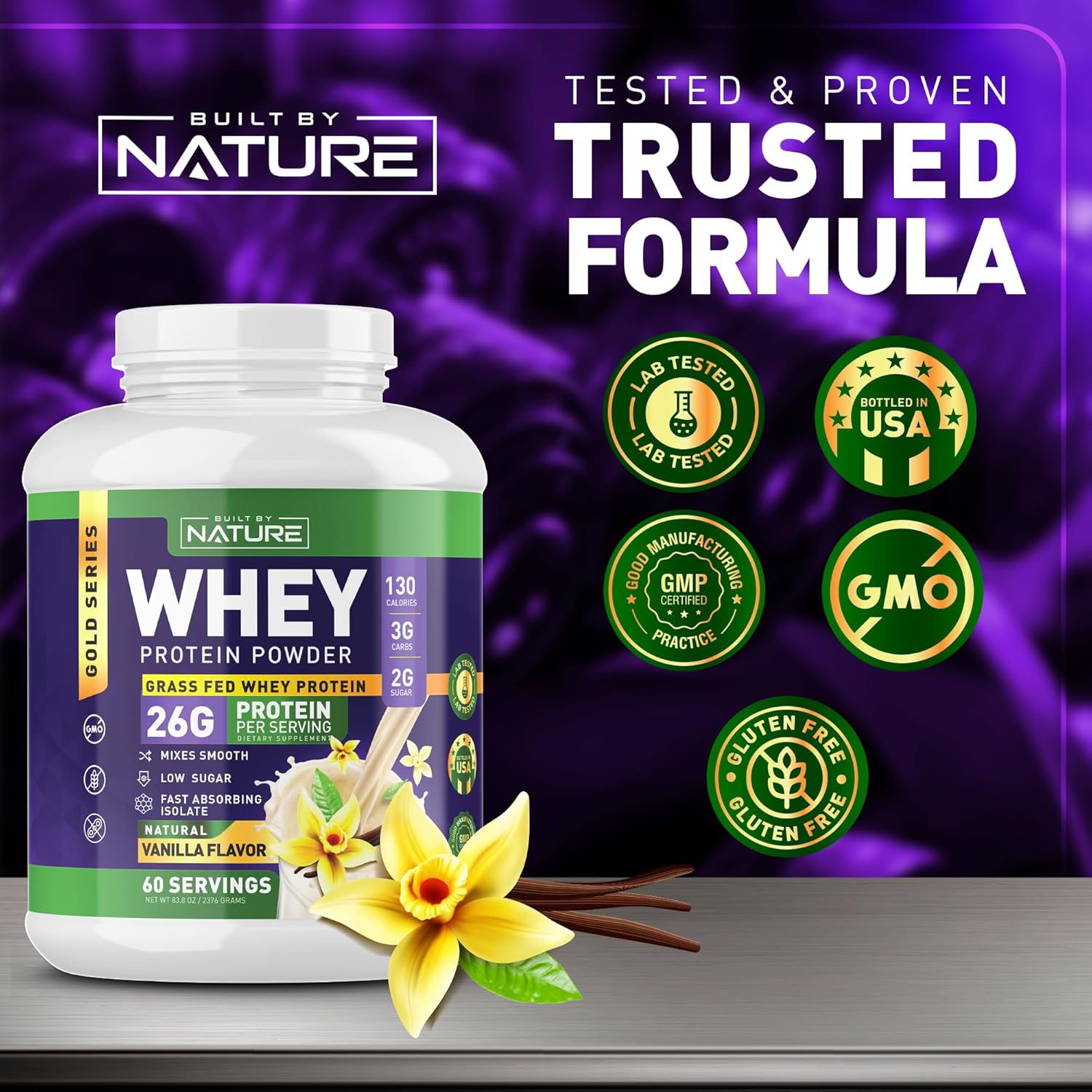 Nature's Own Whey Protein Powder - Pure Whey Shake with Whey Isolate, 26g Protein, Smooth Mixing, No Clumps - High Protein, Low Sugar Drink - Vanilla Flavor - 60 Servings