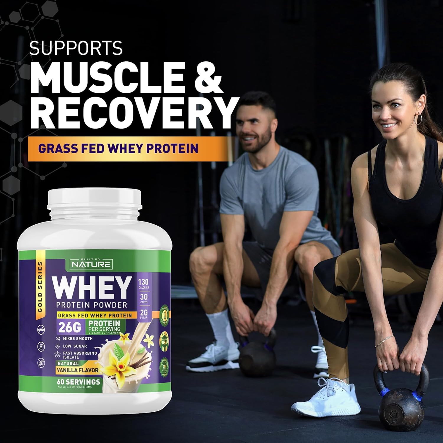 Nature's Own Whey Protein Powder - Pure Whey Shake with Whey Isolate, 26g Protein, Smooth Mixing, No Clumps - High Protein, Low Sugar Drink - Vanilla Flavor - 60 Servings