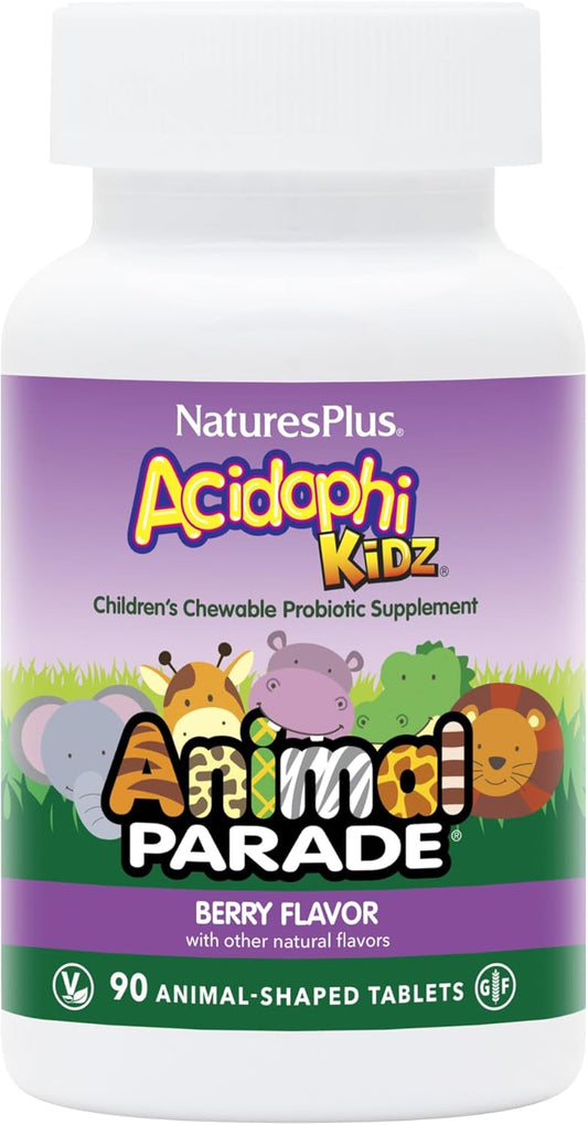 Natures Plus Animal Parade AcidophiKidz, Berry Flavor - 180 Chewable Tablets with Probiotics & Grape Seed - Pack of 2