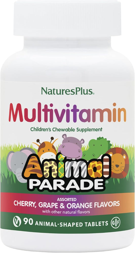 Natures Plus Animal Parade Children's Chewable Multivitamin - 90 Animal-Shaped Tablets - Assorted Natural Flavors - Vegetarian & Gluten Free - 45 Servings