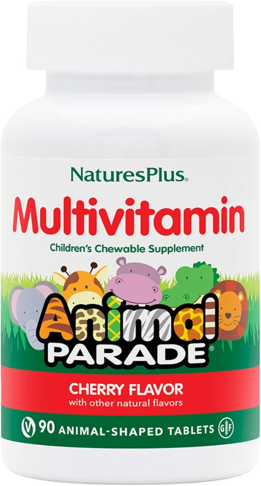 Natures Plus Animal Parade Children's Chewable Multivitamin - Cherry Flavor - 90 Animal-Shaped Tablets - Promotes Health & Well-Being - Vegetarian & Gluten Free - 45 Servings