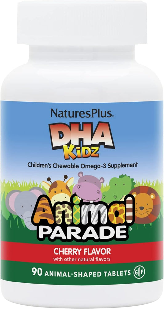 Natures Plus Animal Parade DHA Children's Chewables - Natural Cherry Flavor - 90 Chewable Tablets - Omega 3 Fatty Acid Supplement - Gluten Free