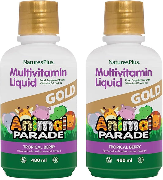 Natures Plus Animal Parade Gold Children's Liquid Multivitamin - 32 fl oz - Natural Tropical Berry Flavor - Gluten-Free, Vegan - 64 Servings