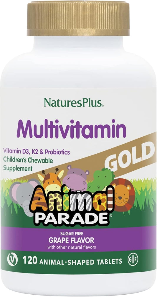 Natures Plus Animal Parade Gold Children's Multivitamin, Grape Flavor - 120 Chewable Tablets - Vegan & Gluten Free - 60 Servings