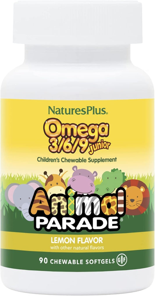 Natures Plus Animal Parade Omega 3/6/9 Junior Softgels, Lemon Flavor - 90 Count - Supports Children’s Health - Non-GMO, Gluten Free - 45 Servings