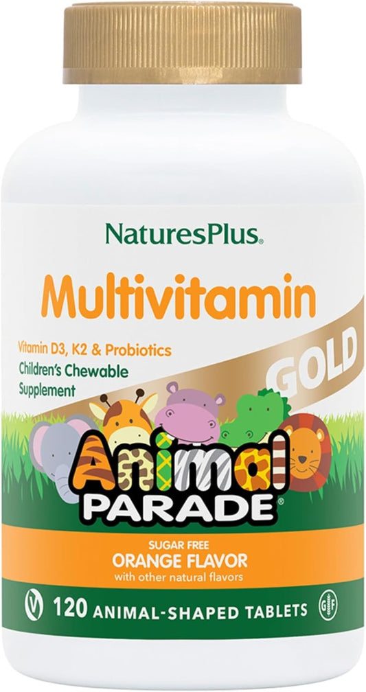 Natures Plus Animal Parade Source of Life Gold Children's Multivitamin - Orange Flavor - 120 Chewable Tablets - Immune Support - Gluten-Free - 60 Servings