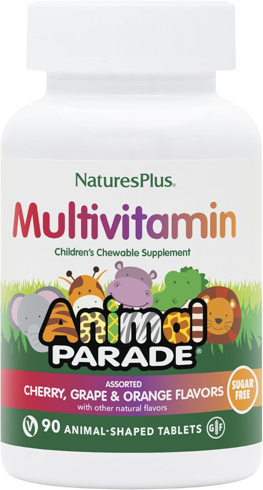 Natures Plus Animal Parade Sugar-Free Children's Multivitamin Chewables - Assorted Flavors - 180 Tablets, 90 Servings