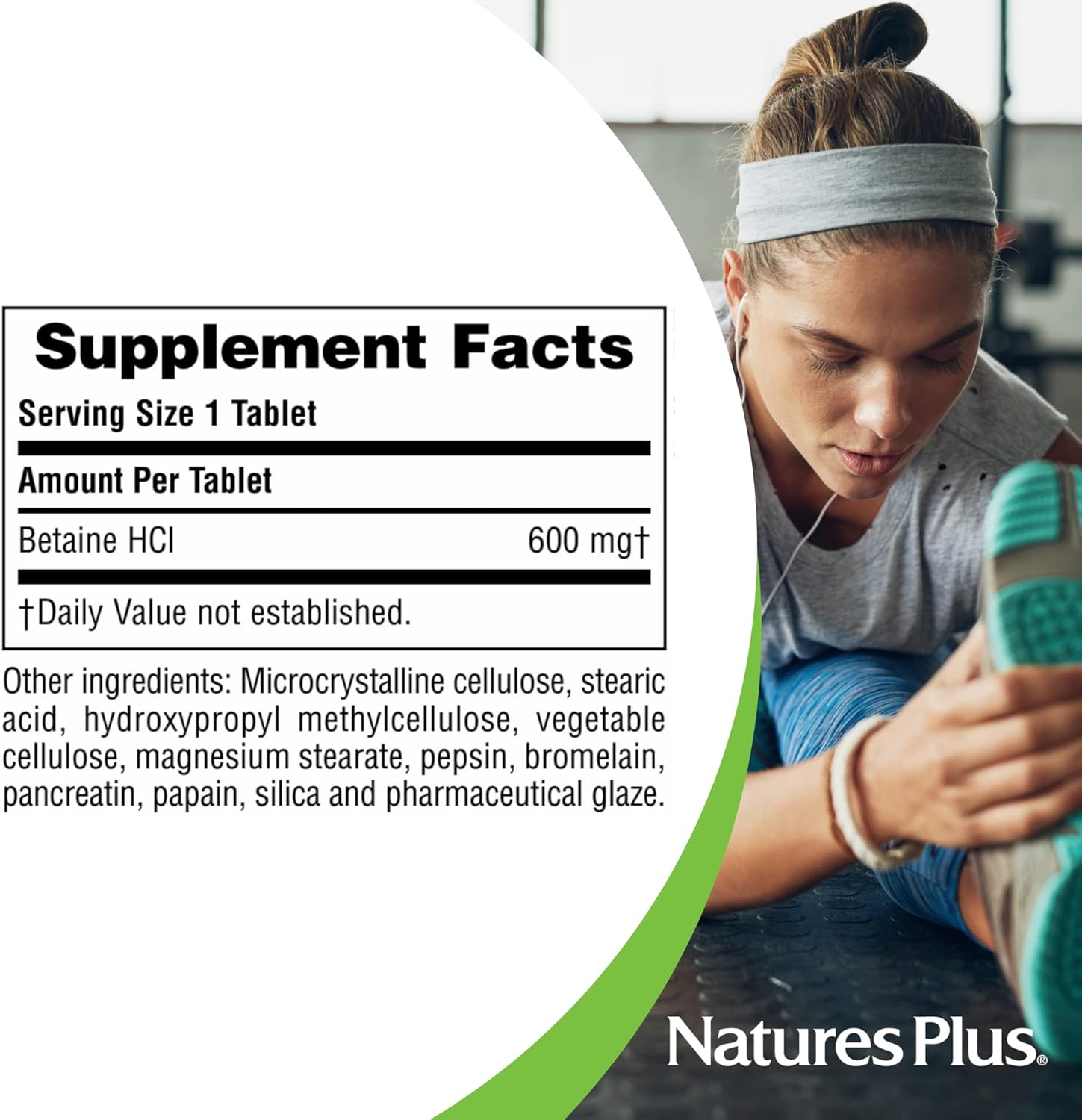 Natures Plus Betaine HCl 600mg Tablets - Digestive Support for Heartburn & Indigestion - Hypoallergenic, Gluten-Free - 90 Servings