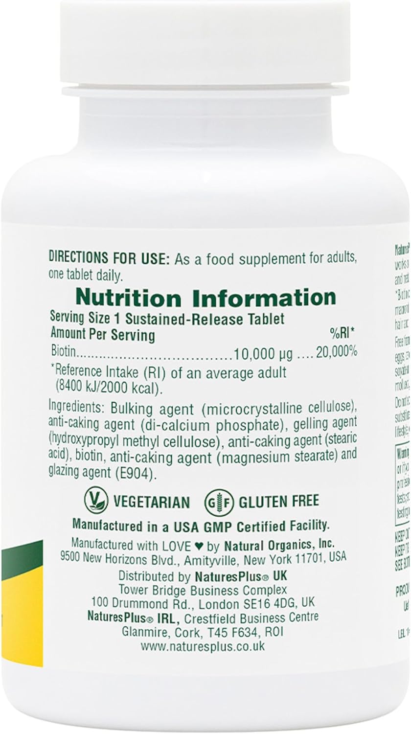 Natures Plus Biotin 10mg Supplement - 90 Tablets for Hair, Skin, and Nail Health