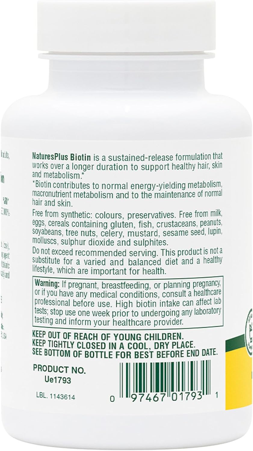 Natures Plus Biotin 10mg Supplement - 90 Tablets for Hair, Skin, and Nail Health