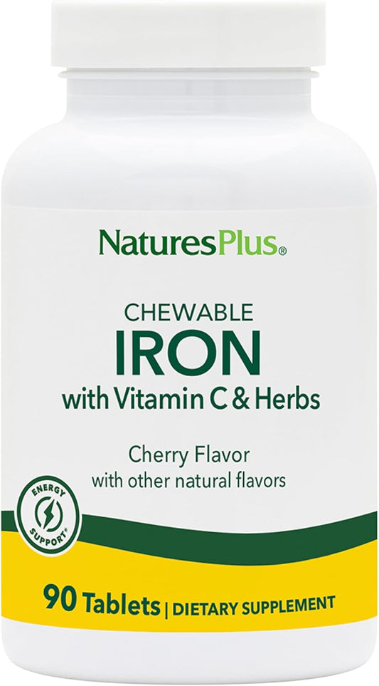 Natures Plus Chewable Iron Tablets - Cherry Flavor - 90 Tablets x 2 Packs - High-Potency Supplement for Healthy Blood & Energy - Includes Vitamin C & Herbs - 180 Servings