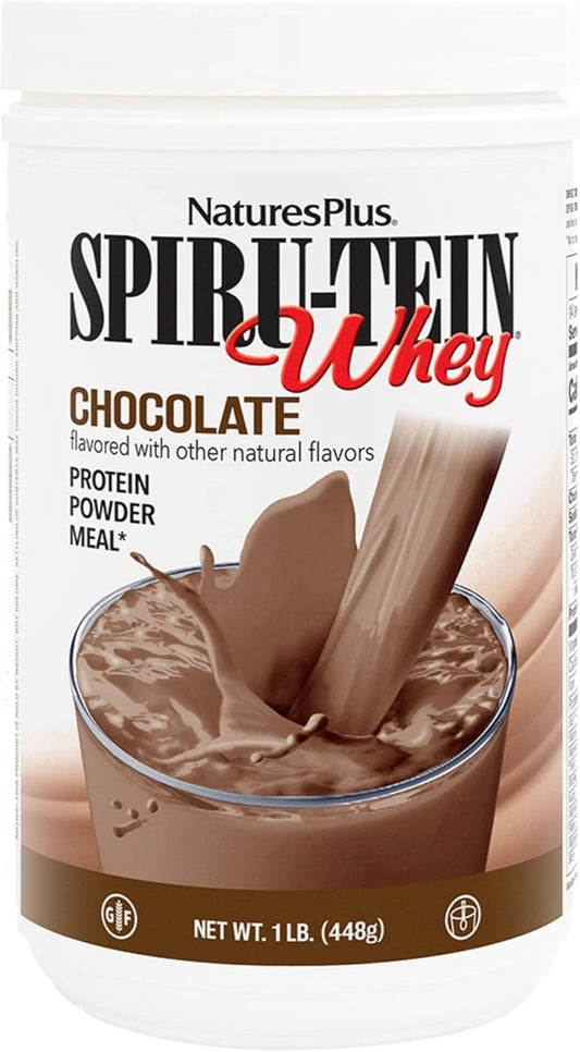 Natures Plus Chocolate Whey Protein Powder Shake with Spirulina, Vitamins & Minerals - 1lb - Gluten Free - 14 Servings