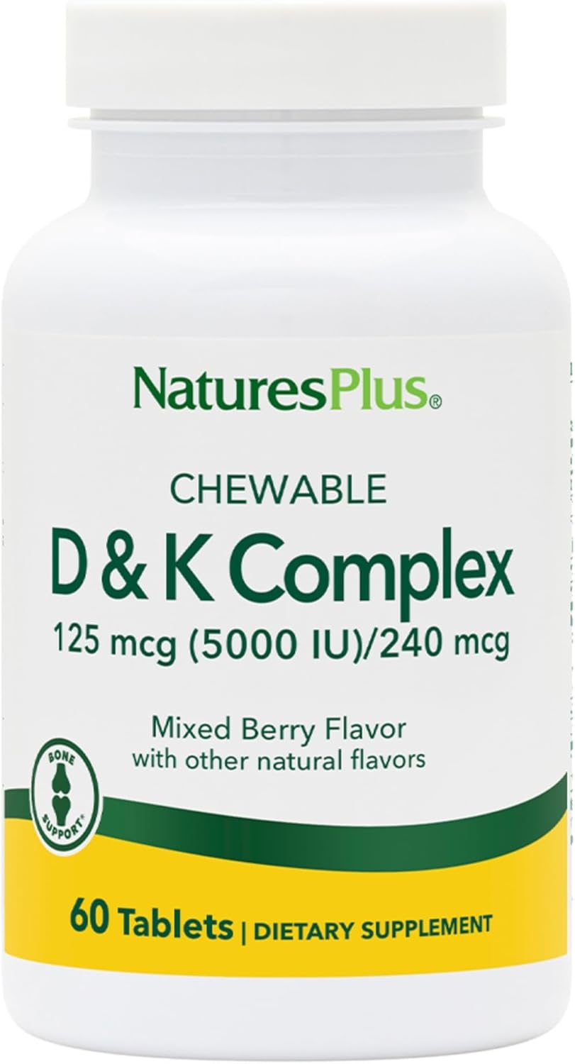 Natures Plus D & K Complex Mixed Berry Chewables - 60 Servings - Vegetarian, Non-GMO, Gluten & Soy Free - Supports Calcium Metabolism