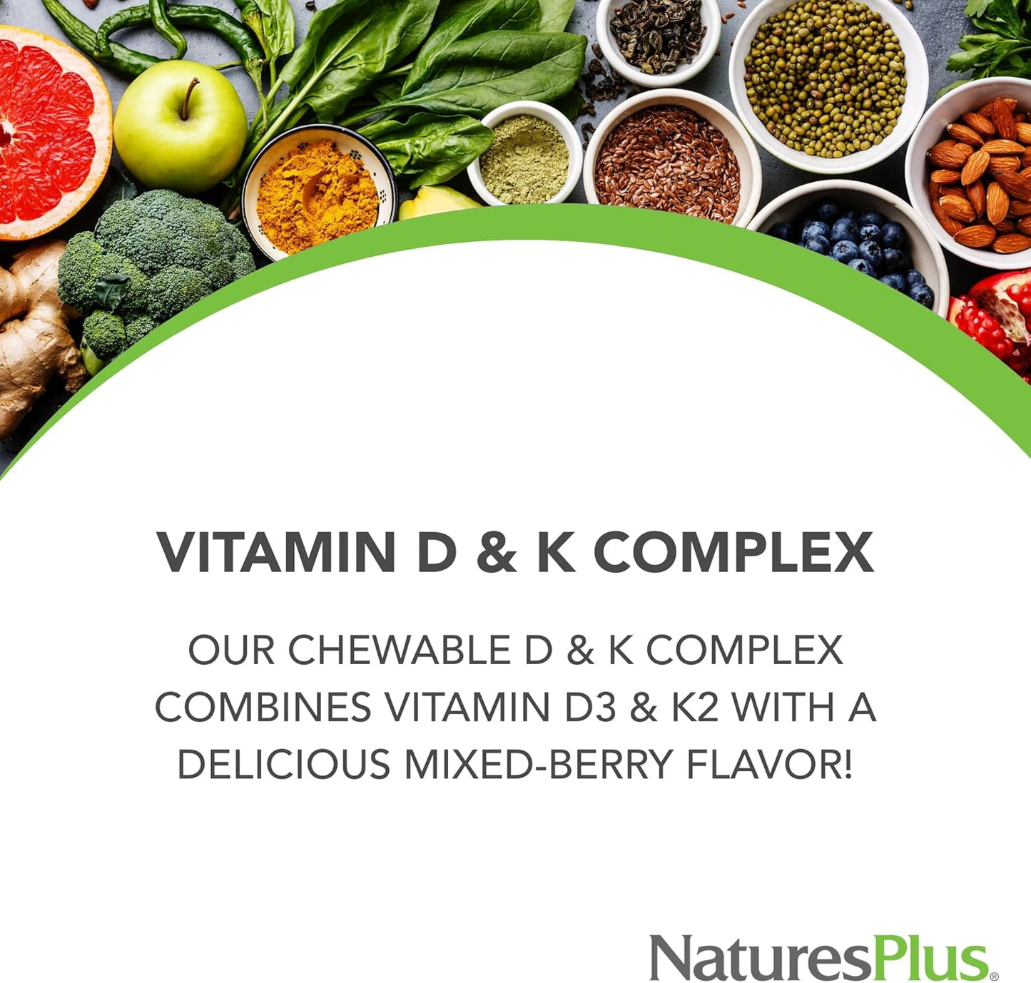 Natures Plus D & K Complex Mixed Berry Chewables - 60 Servings - Vegetarian, Non-GMO, Gluten & Soy Free - Supports Calcium Metabolism
