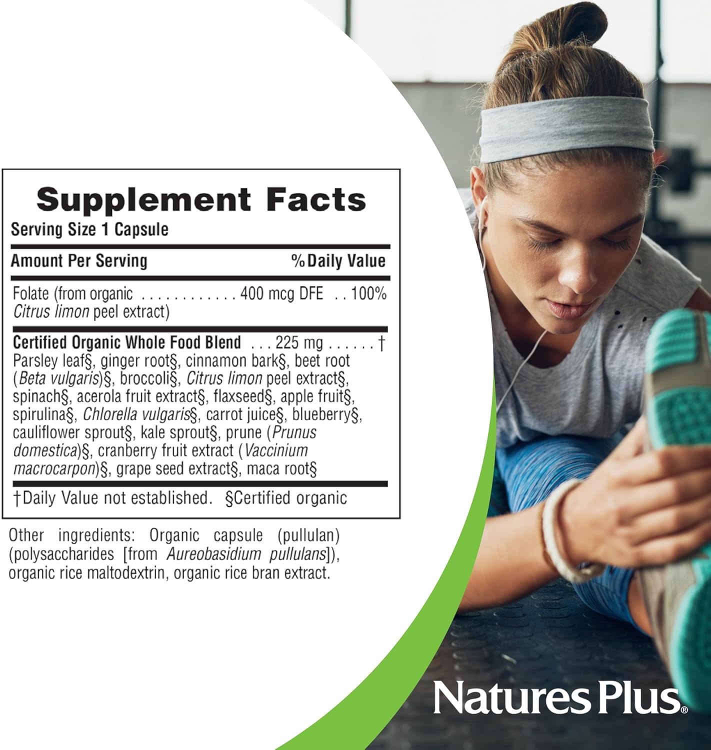 Natures Plus Garden Folate Capsules - 60 Vegan Caps - Certified Organic - 100% DV Per Serving