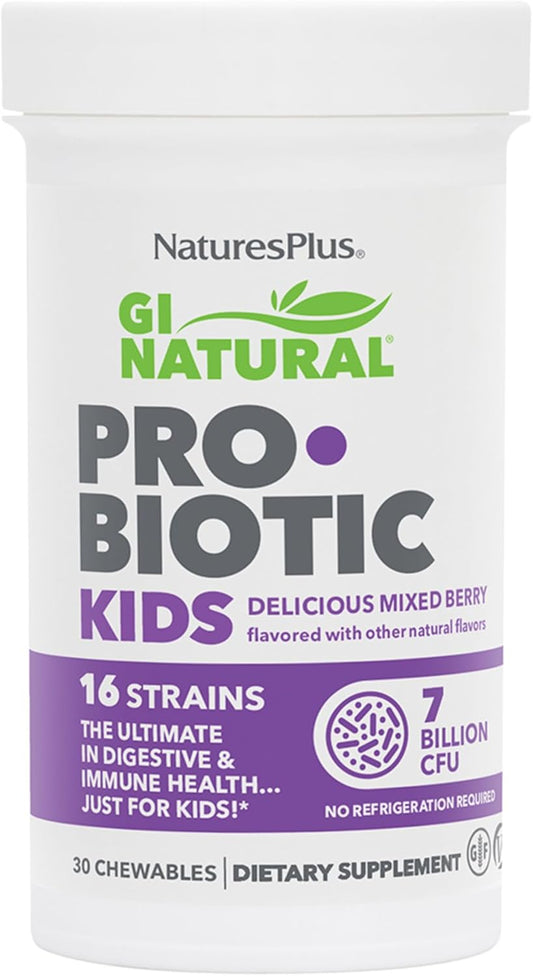 Natures Plus GI Natural Probiotic Kids Mixed Berry Chewables - 30 Servings for Digestive & Immune Health - Gluten-Free