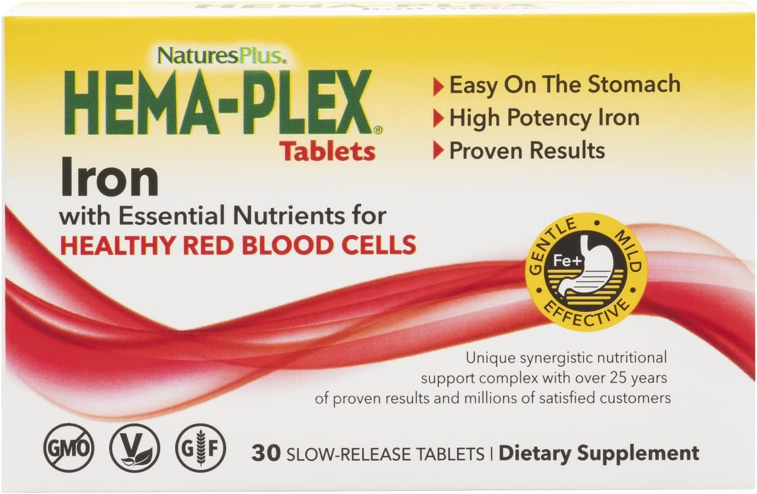 Natures Plus Hema-Plex Iron 85mg - 30 Slow-Release Tablets - Vitamin C & Bioflavonoids - Non GMO, Vegetarian & Gluten Free