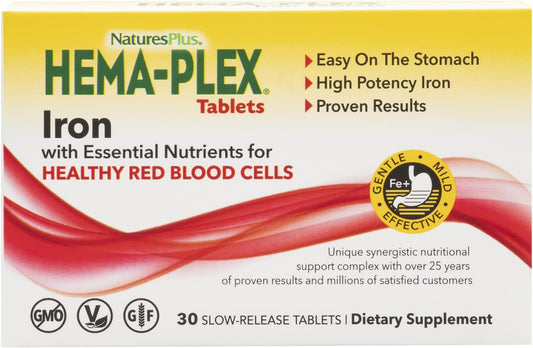 Natures Plus Hema-Plex Iron 85mg - 30 Slow-Release Tablets - Vitamin C & Bioflavonoids - Non GMO, Vegetarian & Gluten Free