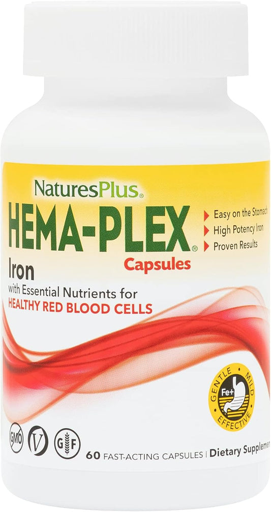 Natures Plus Hema-Plex Iron Mini-Tabs - 60 Count - 85 mg Chelated Iron - Total Blood Health with Vitamin C - Vegan & Gluten-Free - 30 Servings